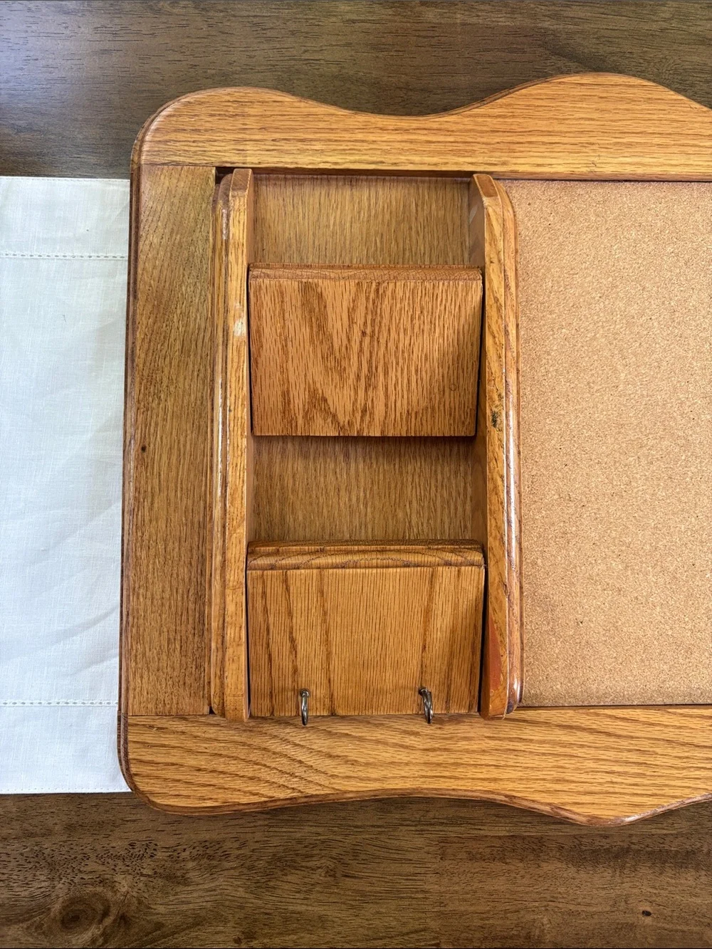 Vintage Oak Wood Wall Organizer with Cork Board, Mail Slots, and Key Hooks 22x16